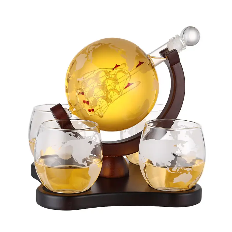 Sticla glob pamantesc, suport lemn cu 4 pahare